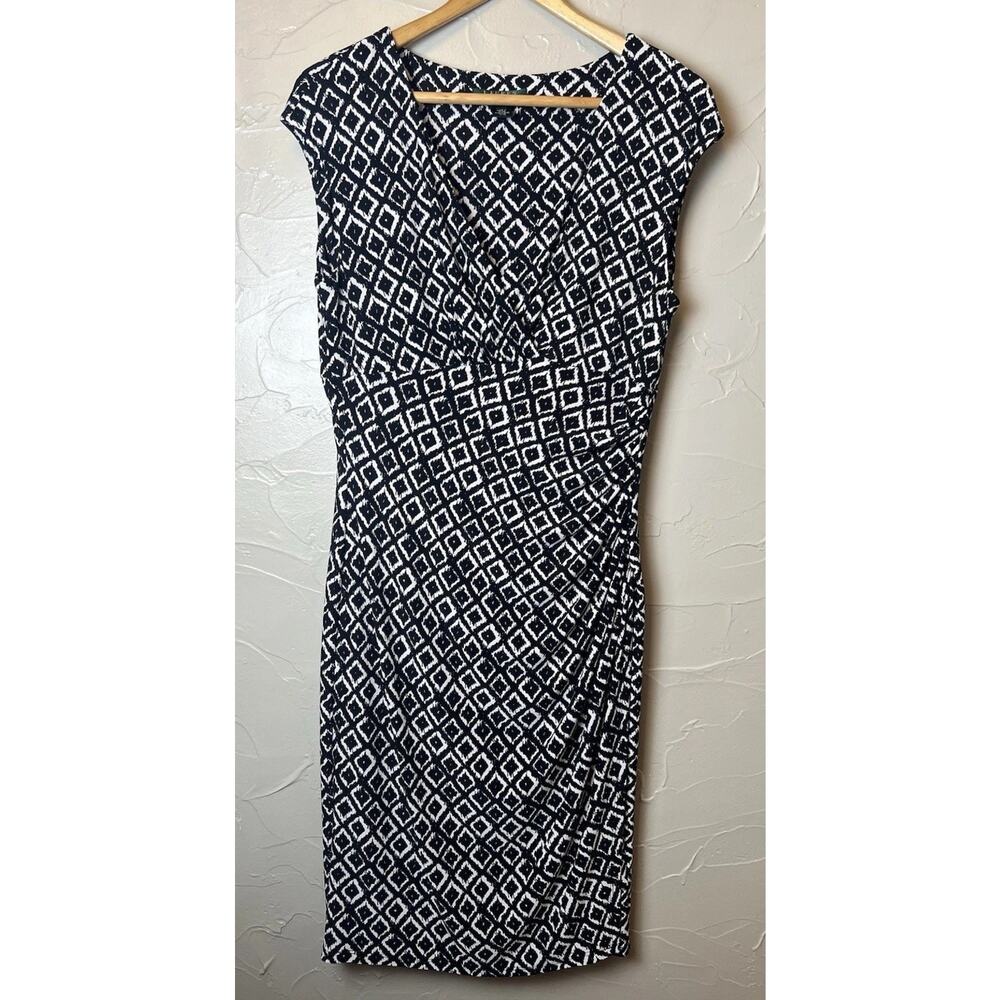 Lauren Ralph Lauren Black White Geometric Sheath Dress Women’s Size 12 Ruched